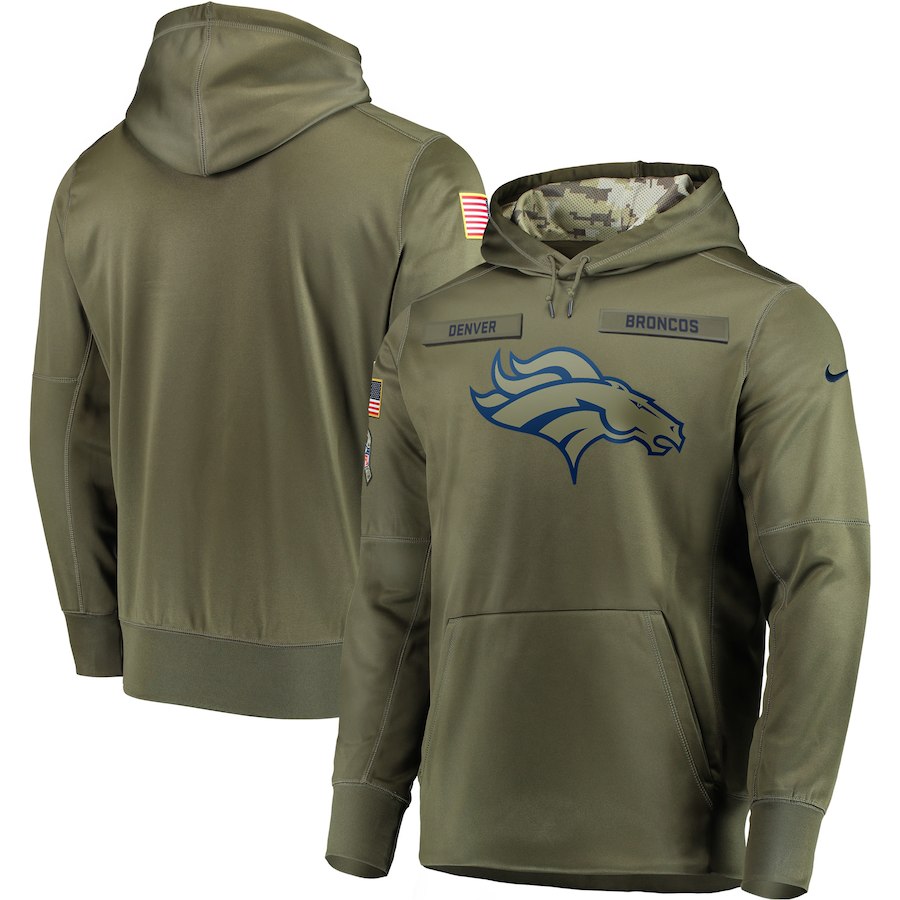 Men's Denver Broncos 2018 Olive Salute to Service Sideline Therma Performance Pullover Stitched Hoodie